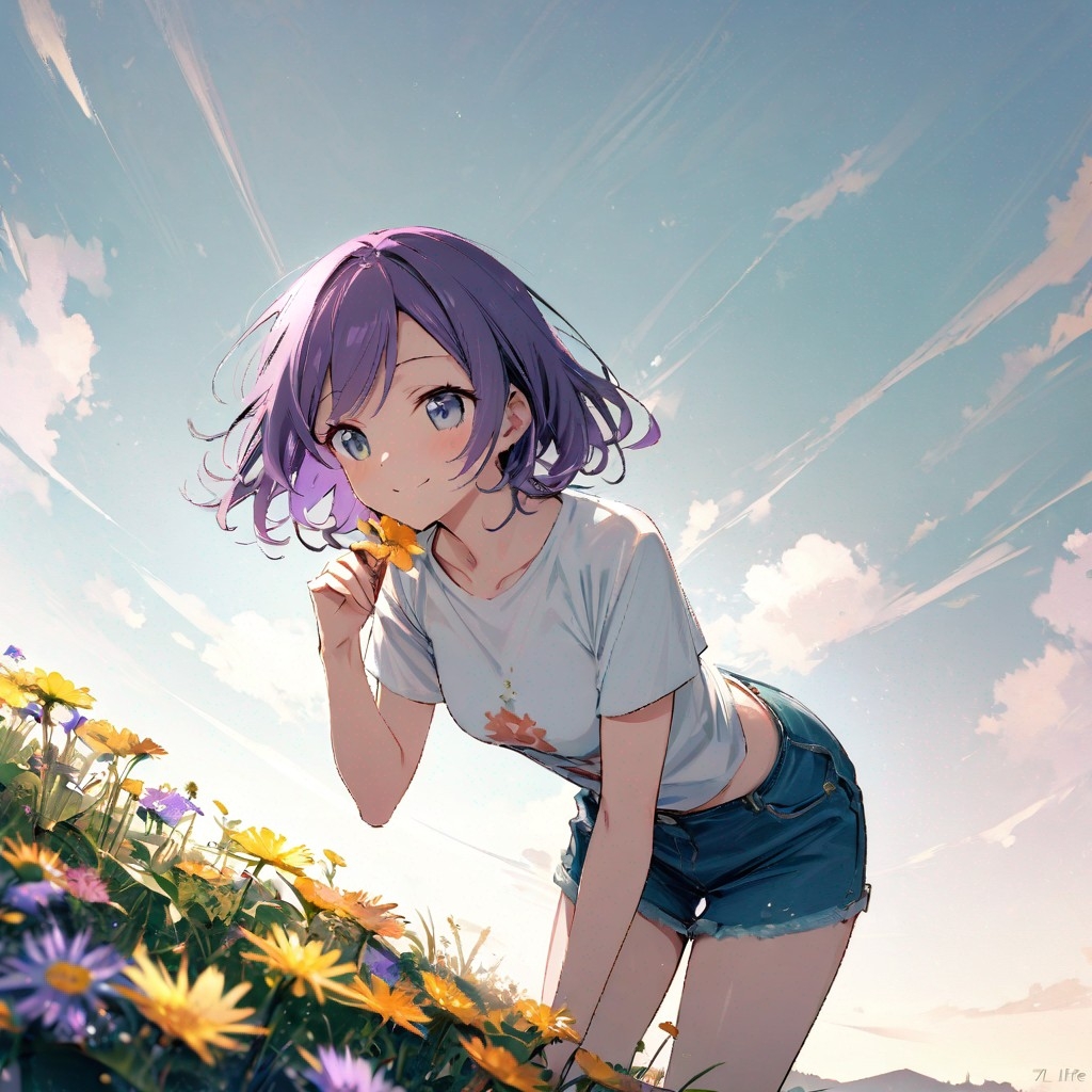 Example result. Prompt: 1girl, smiling, tshirt, jean shorts, purple curly hair, standing on a wildflower hill, bending over to pick a flower, flower in her…