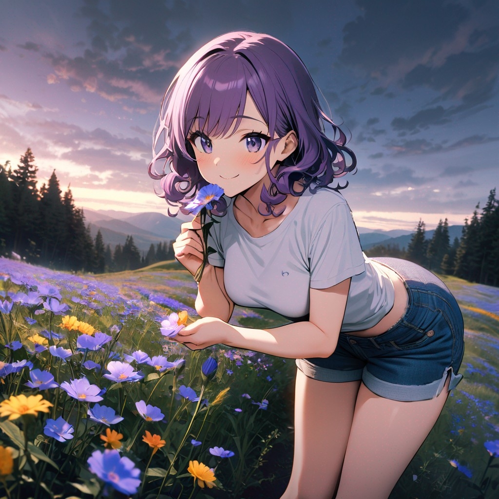 Example result. Prompt: 1girl, smiling, tshirt, jean shorts, purple curly hair, standing on a wildflower hill, bending over to pick a flower, flower in her…