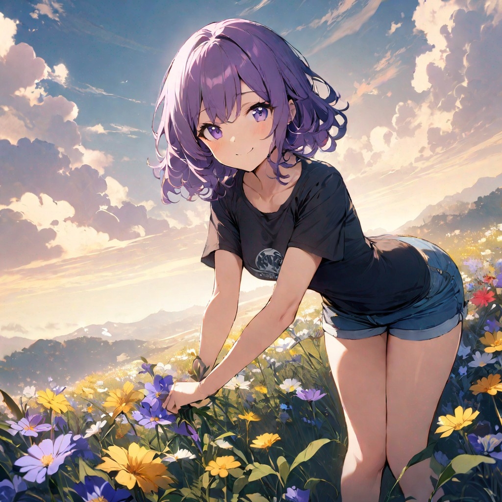 Example result. Prompt: 1girl, smiling, tshirt, jean shorts, purple curly hair, standing on a wildflower hill, bending over to pick a flower, flower in her…