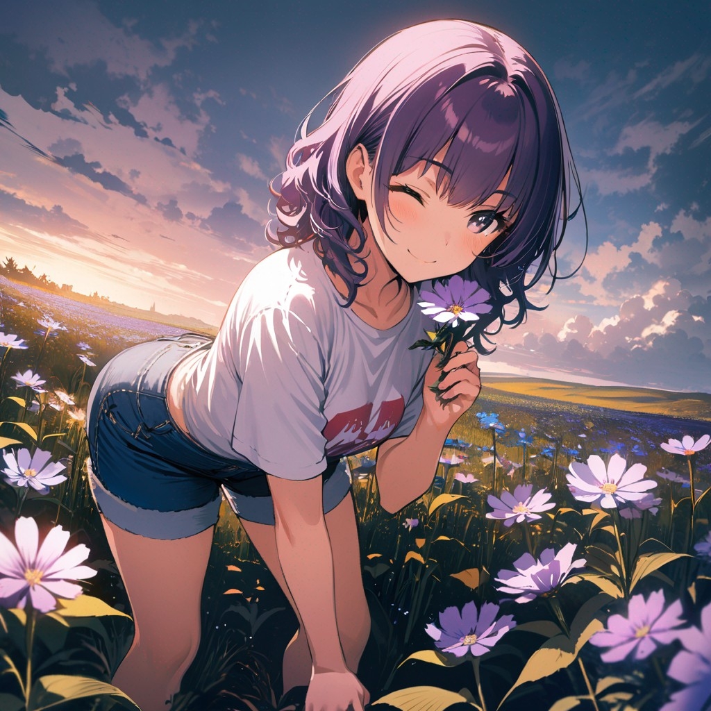 Example result. Prompt: 1girl, smiling, tshirt, jean shorts, purple curly hair, standing on a wildflower hill, bending over to pick a flower, flower in her…