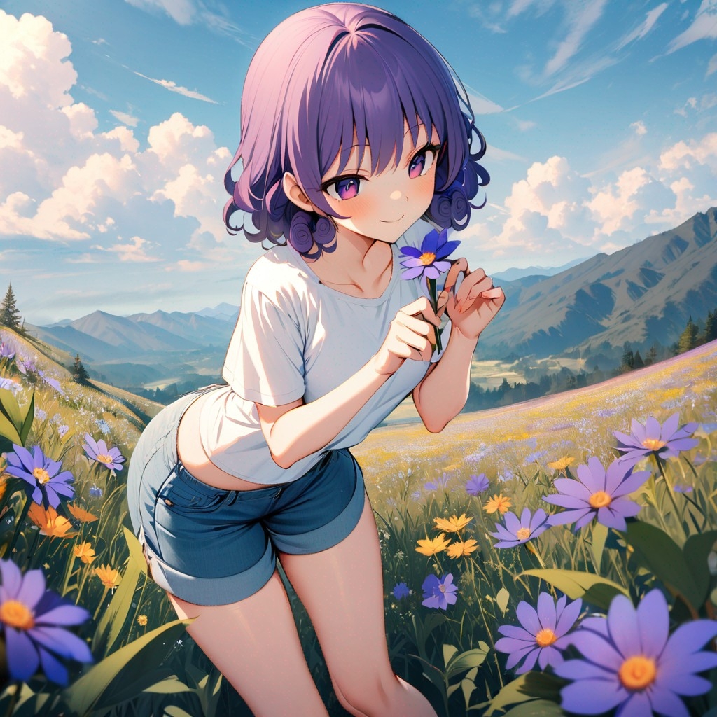 Example result. Prompt: 1girl, smiling, tshirt, jean shorts, purple curly hair, standing on a wildflower hill, bending over to pick a flower, flower in her…