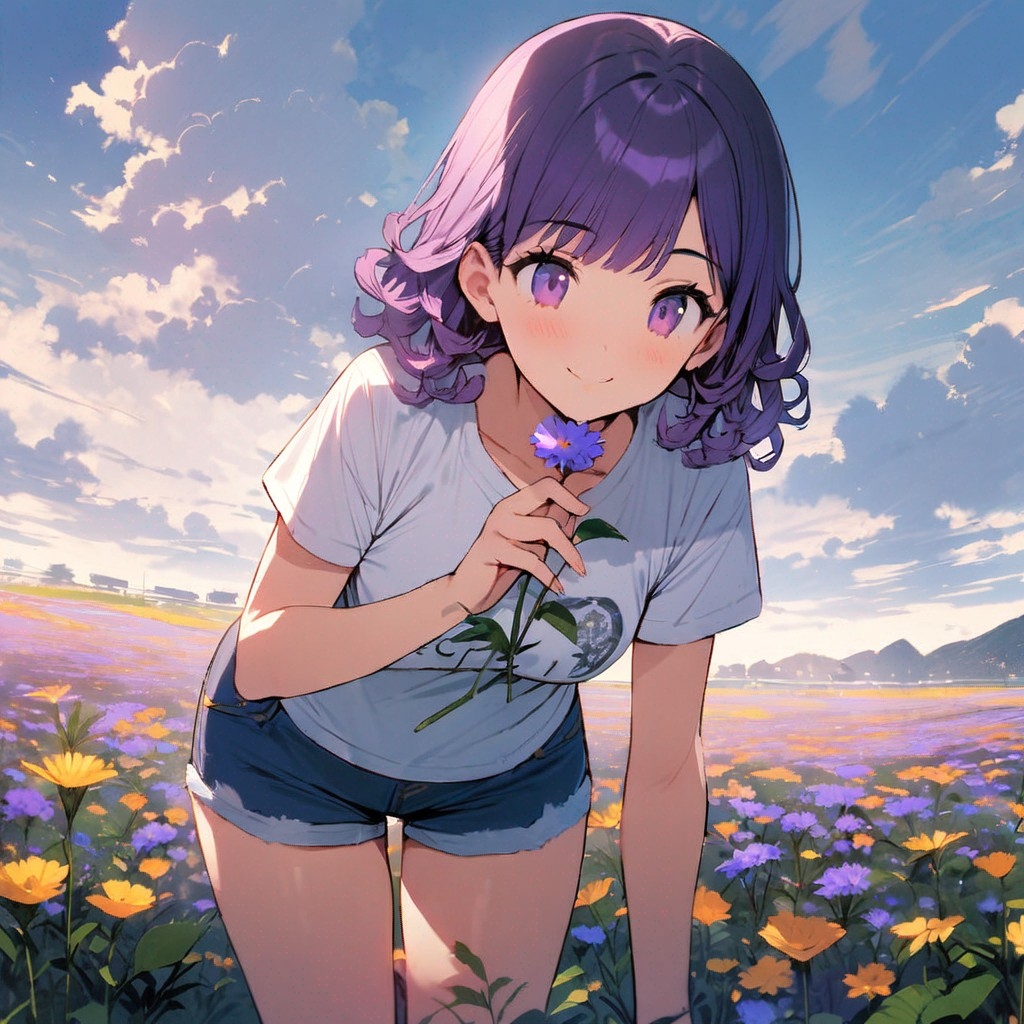 Example result. Prompt: 1girl, smiling, tshirt, jean shorts, purple curly hair, standing on a wildflower hill, bending over to pick a flower, flower in her…
