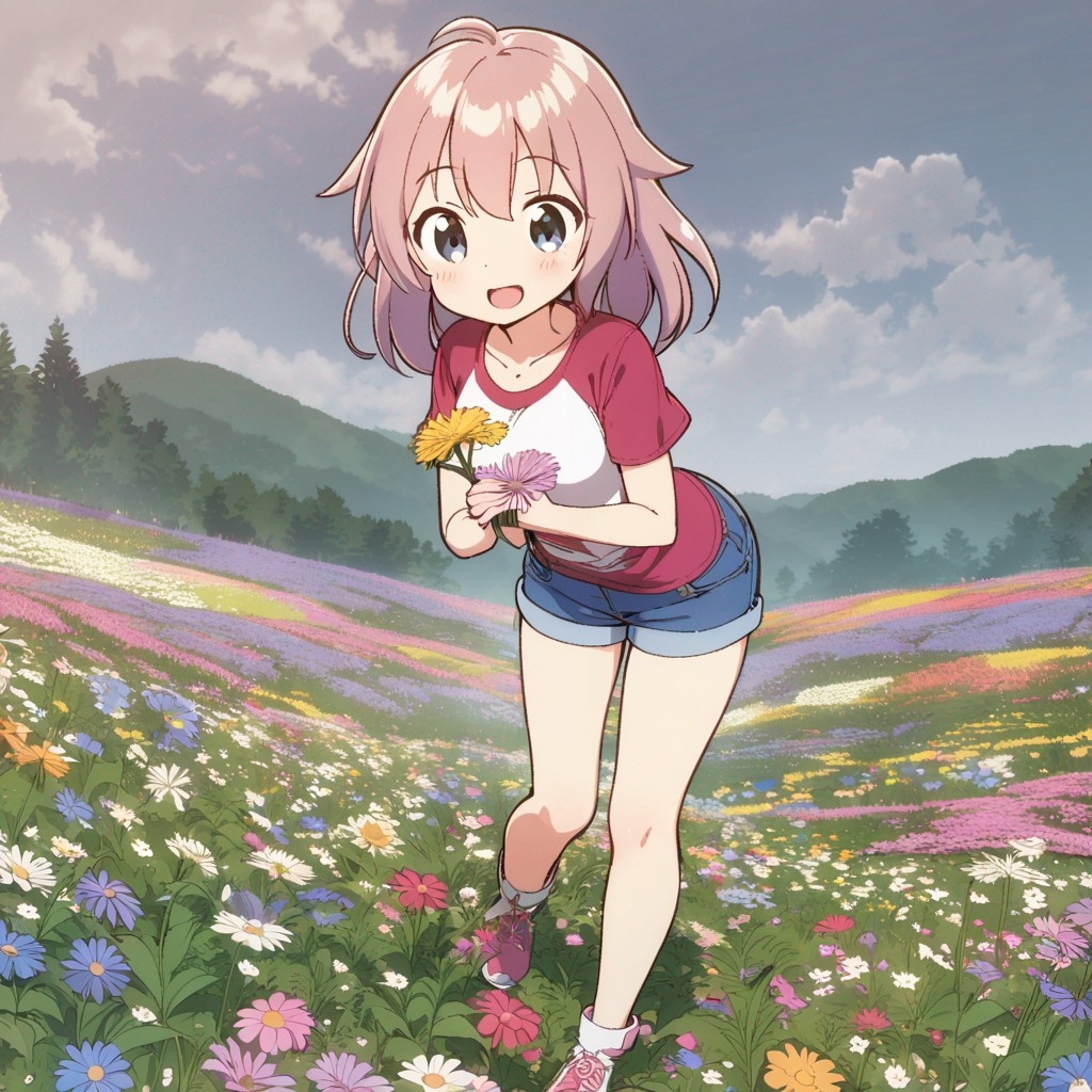 Example result. Prompt: 1girl, smiling, tshirt, jean shorts, purple curly hair, standing on a wildflower hill, bending over to pick a flower, flower in her…