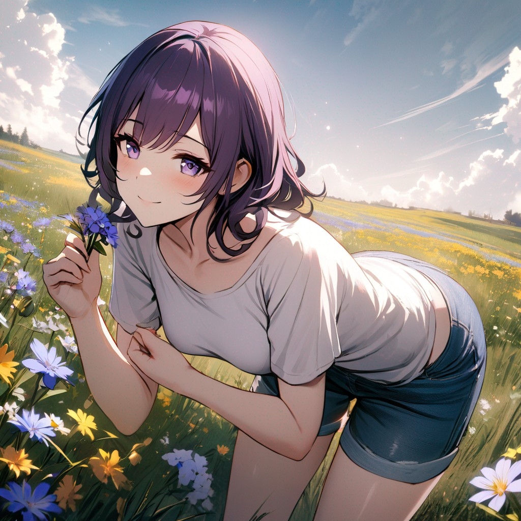 Example result. Prompt: 1girl, smiling, tshirt, jean shorts, purple curly hair, standing on a wildflower hill, bending over to pick a flower, flower in her…