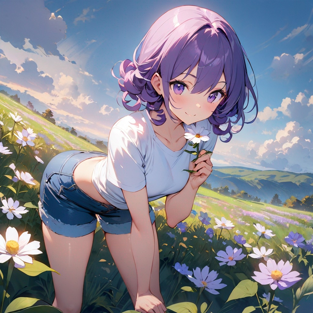 Example result. Prompt: 1girl, smiling, tshirt, jean shorts, purple curly hair, standing on a wildflower hill, bending over to pick a flower, flower in her…