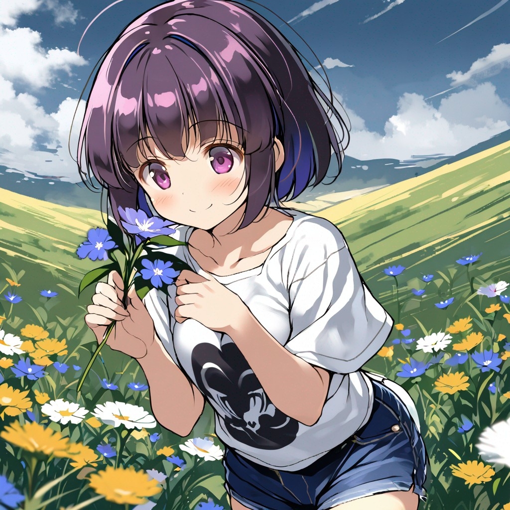 Example result. Prompt: 1girl, smiling, tshirt, jean shorts, purple curly hair, standing on a wildflower hill, bending over to pick a flower, flower in her…