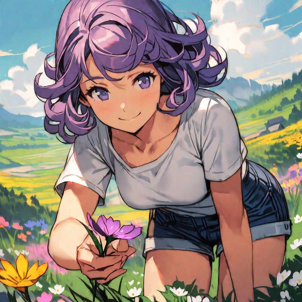 Example result. Prompt: 1girl, smiling, tshirt, jean shorts, purple curly hair, standing on a wildflower hill, bending over to pick a flower, flower in her…