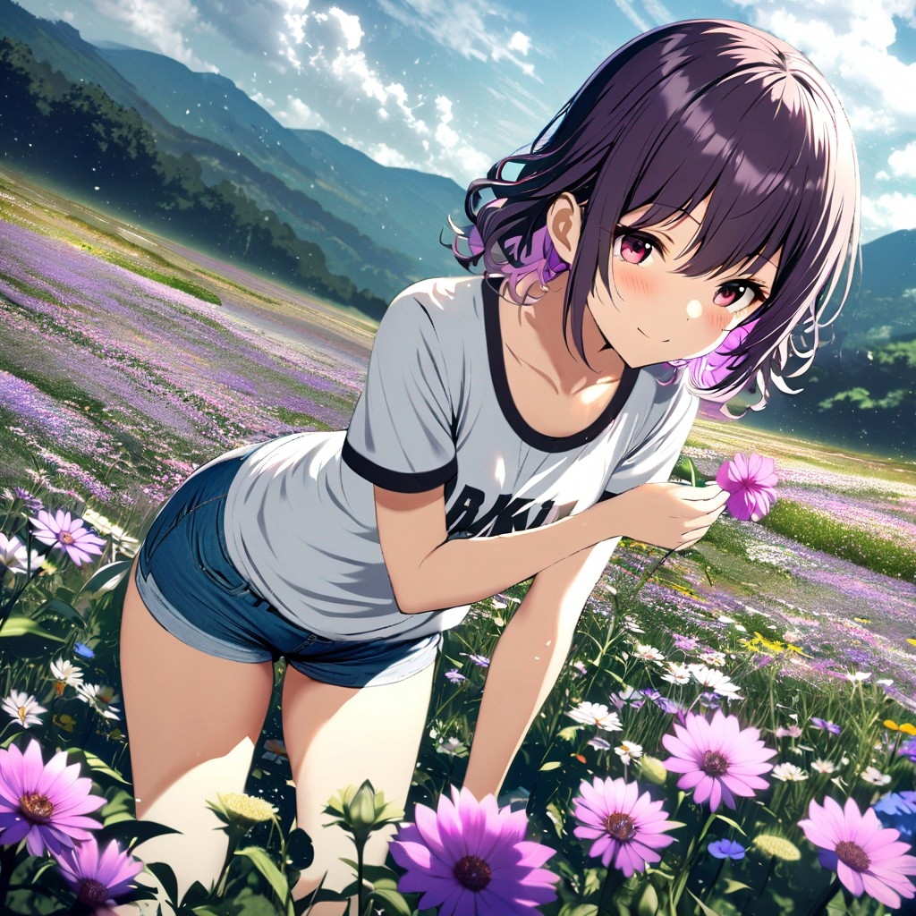 Example result. Prompt: 1girl, smiling, tshirt, jean shorts, purple curly hair, standing on a wildflower hill, bending over to pick a flower, flower in her…