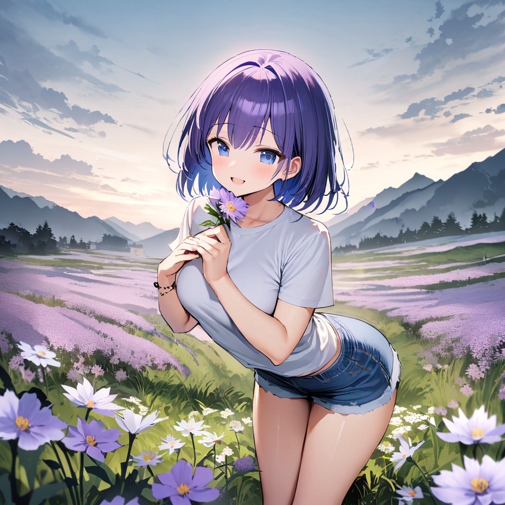 Example result. Prompt: 1girl, smiling, tshirt, jean shorts, purple curly hair, standing on a wildflower hill, bending over to pick a flower, flower in her…