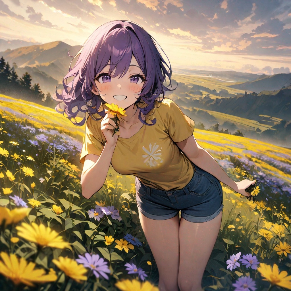 Example result. Prompt: 1girl, smiling, tshirt, jean shorts, purple curly hair, standing on a wildflower hill, bending over to pick a flower, flower in her…