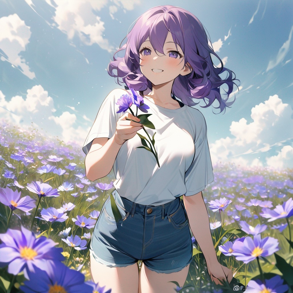Example result. Prompt: 1girl, smiling, tshirt, jean shorts, purple curly hair, standing on a wildflower hill, bending over to pick a flower, flower in her…
