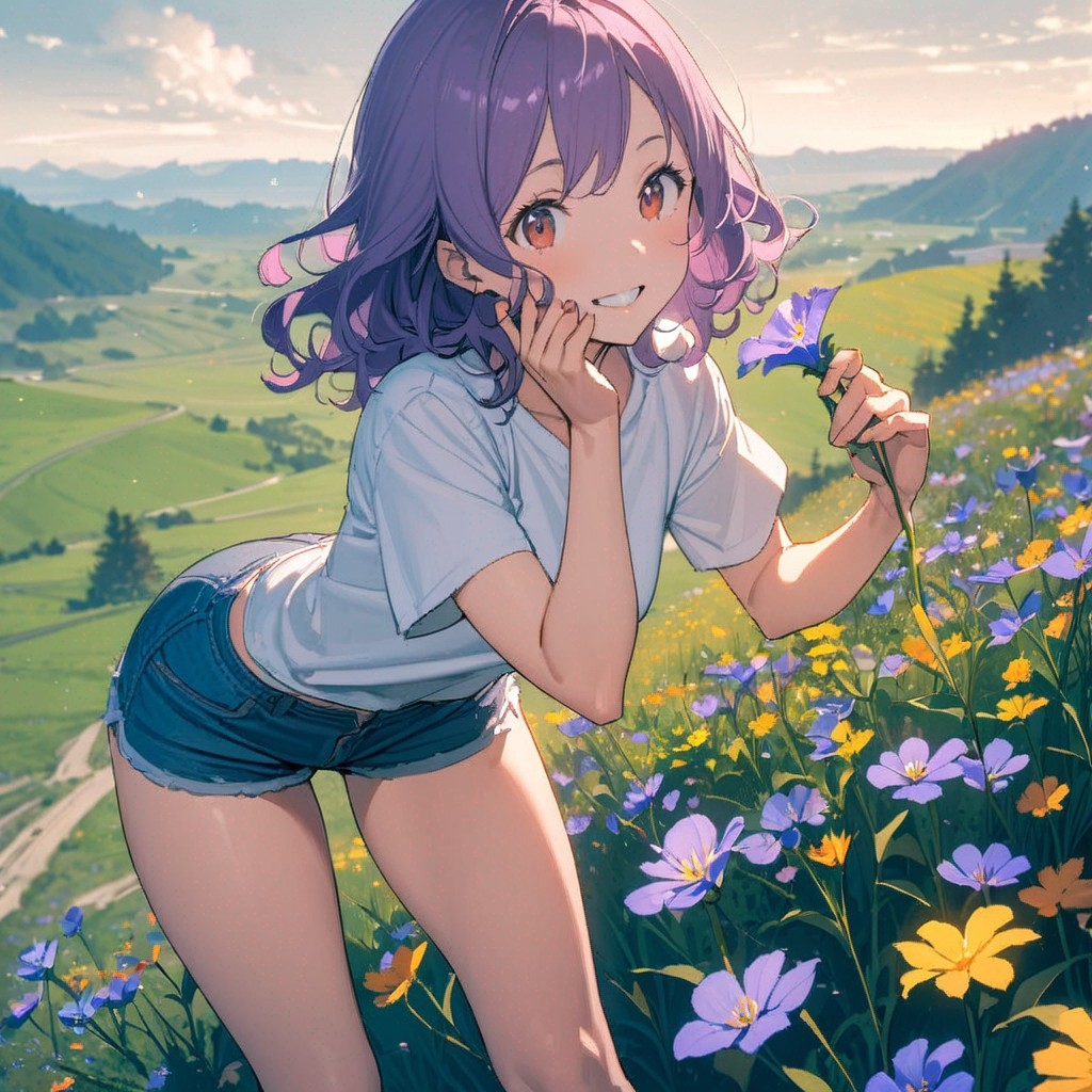 Example result. Prompt: 1girl, smiling, tshirt, jean shorts, purple curly hair, standing on a wildflower hill, bending over to pick a flower, flower in her…