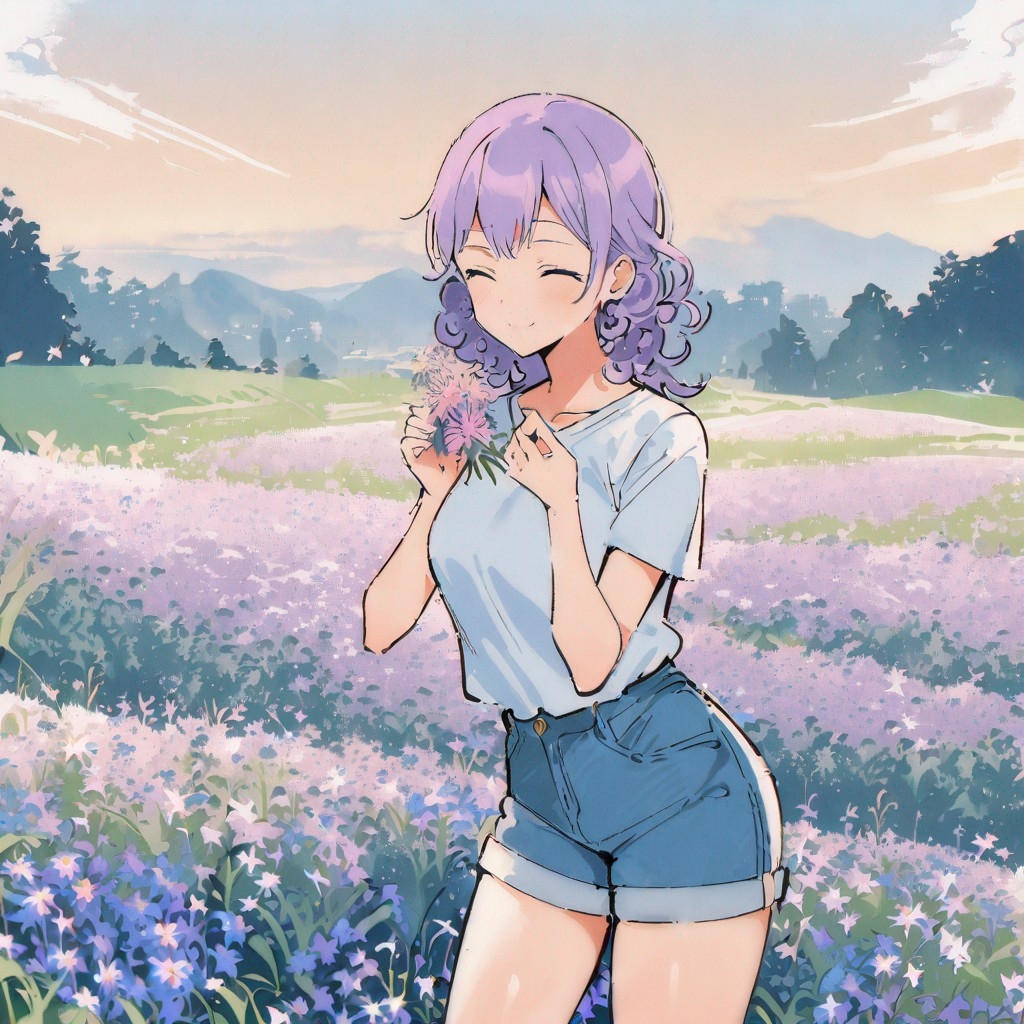 Example result. Prompt: 1girl, smiling, tshirt, jean shorts, purple curly hair, standing on a wildflower hill, bending over to pick a flower, flower in her…
