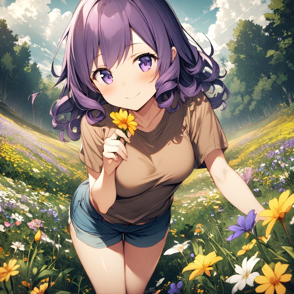 Example result. Prompt: 1girl, smiling, tshirt, jean shorts, purple curly hair, standing on a wildflower hill, bending over to pick a flower, flower in her…