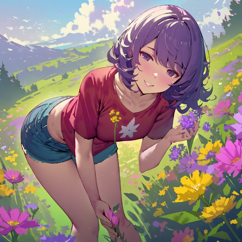 Example result. Prompt: 1girl, smiling, tshirt, jean shorts, purple curly hair, standing on a wildflower hill, bending over to pick a flower, flower in her…
