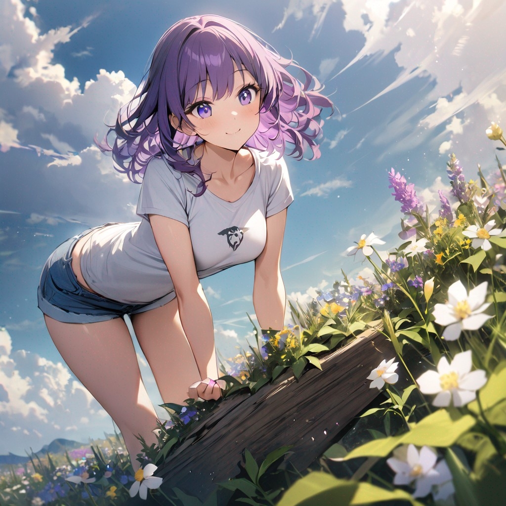 Example result. Prompt: 1girl, smiling, tshirt, jean shorts, purple curly hair, standing on a wildflower hill, bending over to pick a flower, flower in her…
