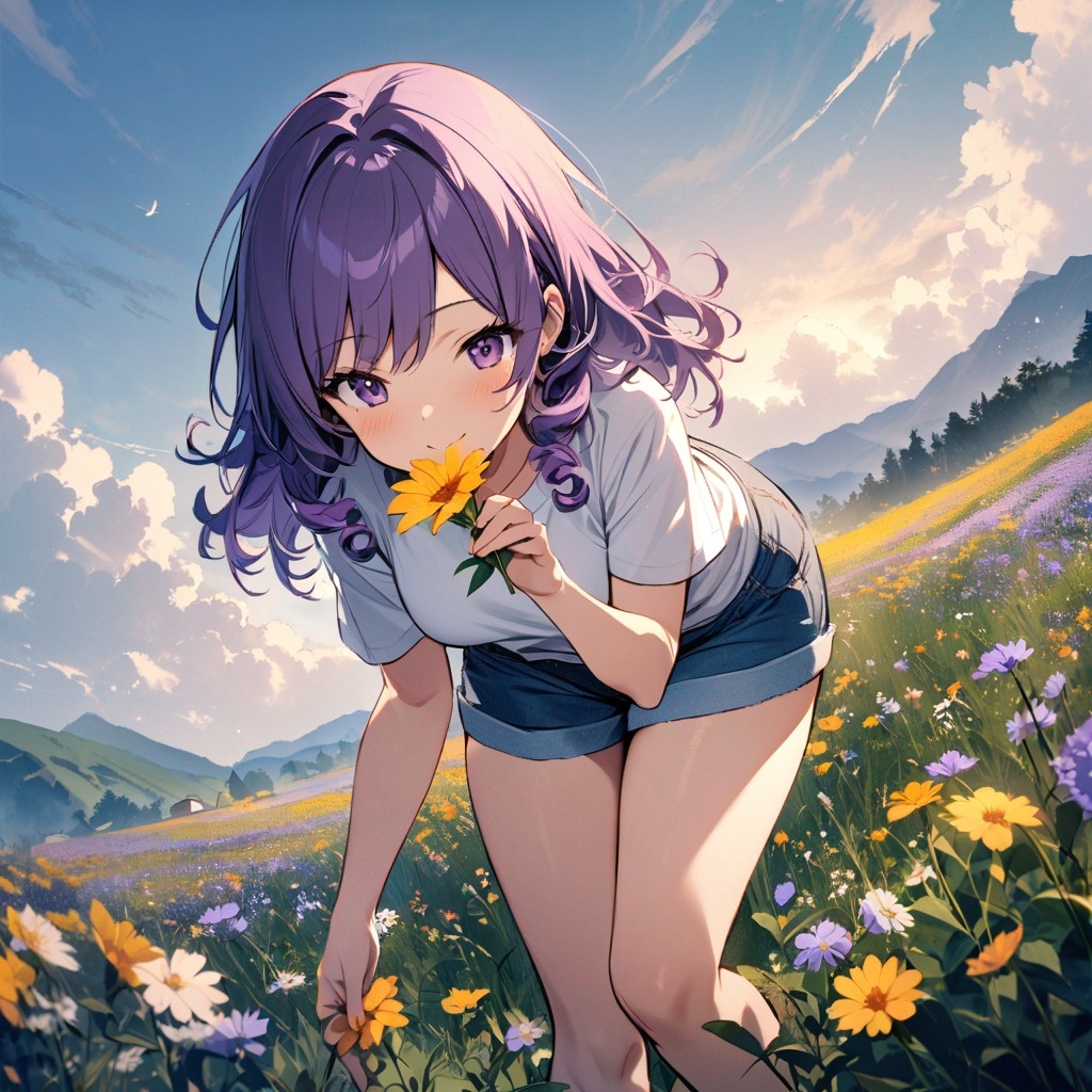 Example result. Prompt: 1girl, smiling, tshirt, jean shorts, purple curly hair, standing on a wildflower hill, bending over to pick a flower, flower in her…
