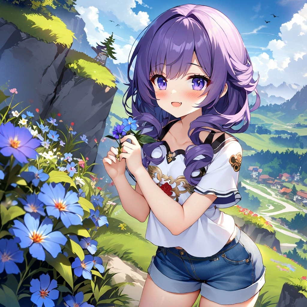 Example result. Prompt: 1girl, smiling, tshirt, jean shorts, purple curly hair, standing on a wildflower hill, bending over to pick a flower, flower in her…