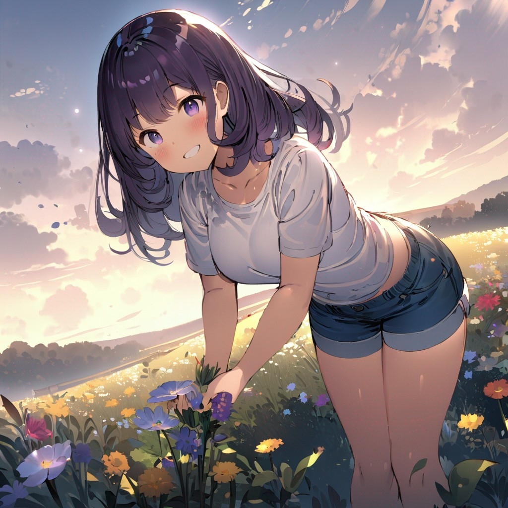 Example result. Prompt: 1girl, smiling, tshirt, jean shorts, purple curly hair, standing on a wildflower hill, bending over to pick a flower, flower in her…