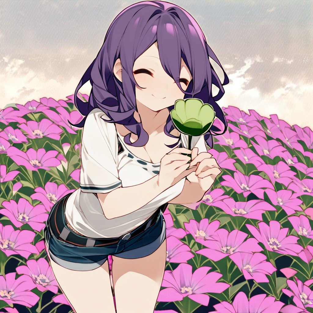 Example result. Prompt: 1girl, smiling, tshirt, jean shorts, purple curly hair, standing on a wildflower hill, bending over to pick a flower, flower in her…