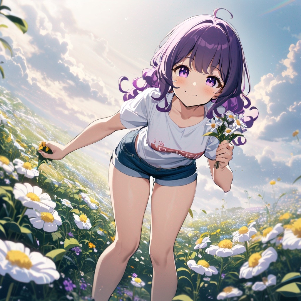 Example result. Prompt: 1girl, smiling, tshirt, jean shorts, purple curly hair, standing on a wildflower hill, bending over to pick a flower, flower in her…