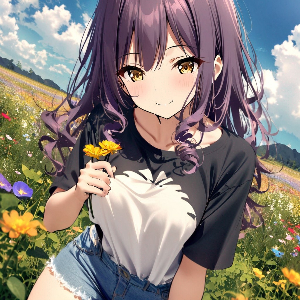 Example result. Prompt: 1girl, smiling, tshirt, jean shorts, purple curly hair, standing on a wildflower hill, bending over to pick a flower, flower in her…