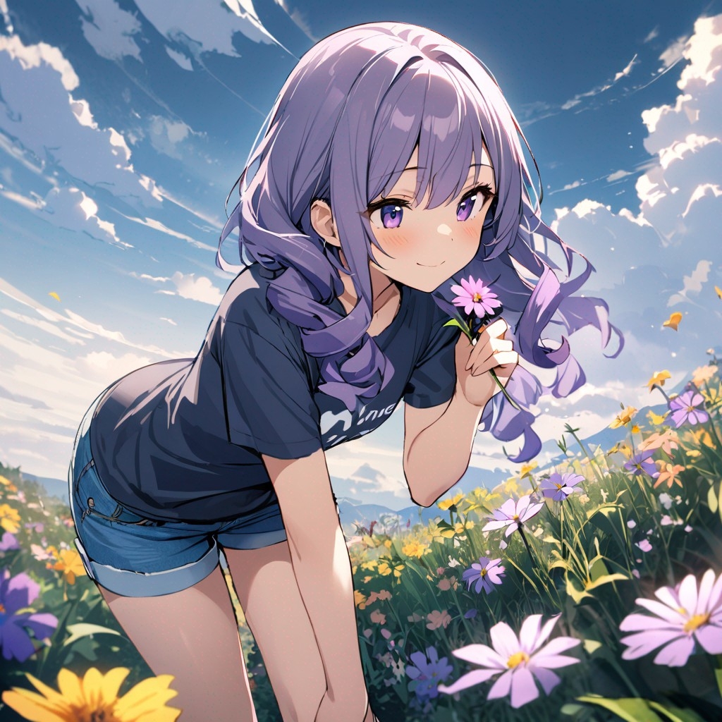 Example result. Prompt: 1girl, smiling, tshirt, jean shorts, purple curly hair, standing on a wildflower hill, bending over to pick a flower, flower in her…