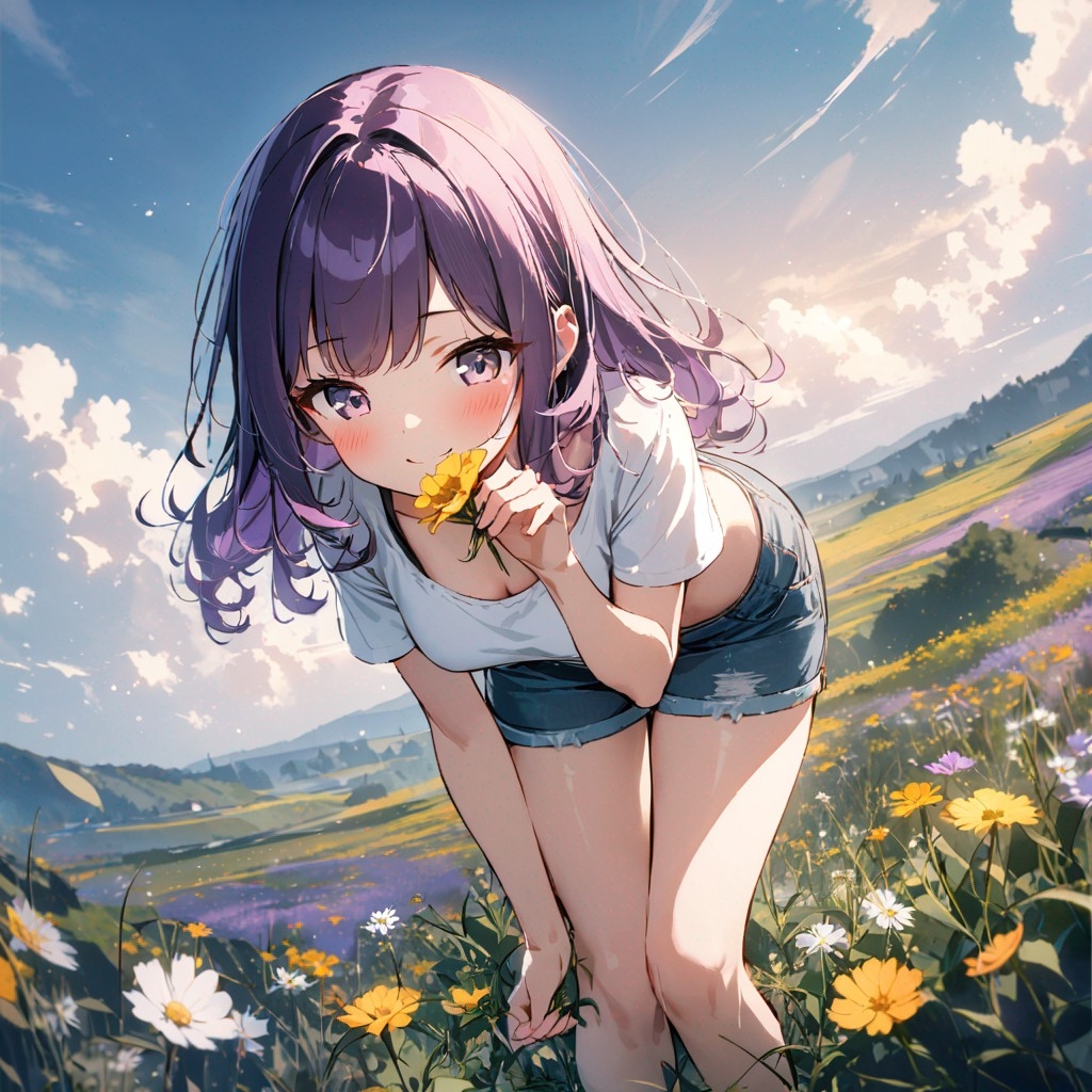Example result. Prompt: 1girl, smiling, tshirt, jean shorts, purple curly hair, standing on a wildflower hill, bending over to pick a flower, flower in her…