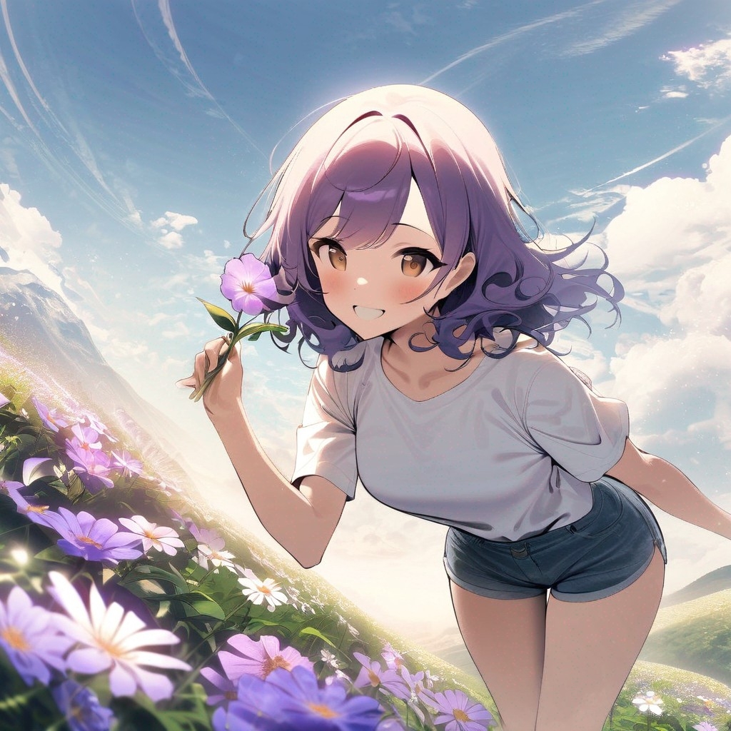 Example result. Prompt: 1girl, smiling, tshirt, jean shorts, purple curly hair, standing on a wildflower hill, bending over to pick a flower, flower in her…