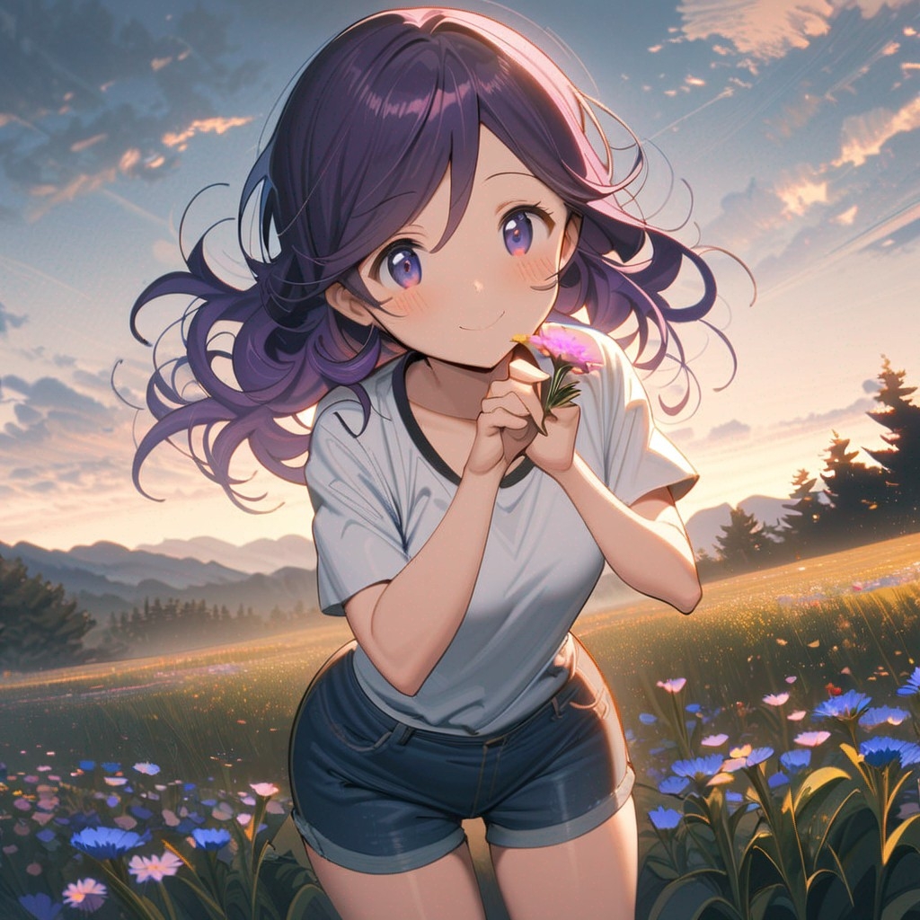 Example result. Prompt: 1girl, smiling, tshirt, jean shorts, purple curly hair, standing on a wildflower hill, bending over to pick a flower, flower in her…