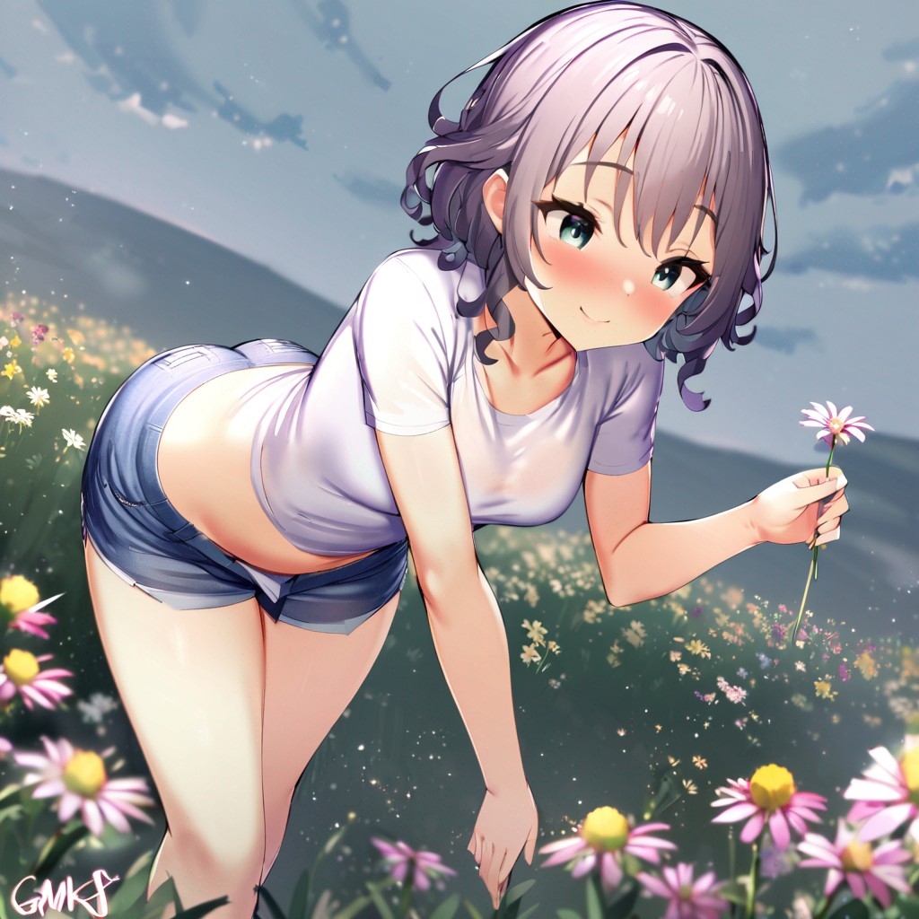 Example result. Prompt: 1girl, smiling, tshirt, jean shorts, purple curly hair, standing on a wildflower hill, bending over to pick a flower, flower in her…