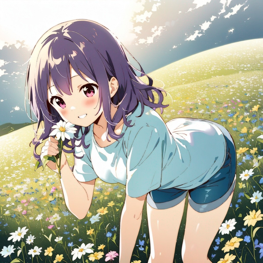 Example result. Prompt: 1girl, smiling, tshirt, jean shorts, purple curly hair, standing on a wildflower hill, bending over to pick a flower, flower in her…