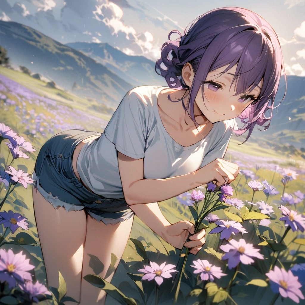 Example result. Prompt: 1girl, smiling, tshirt, jean shorts, purple curly hair, standing on a wildflower hill, bending over to pick a flower, flower in her…
