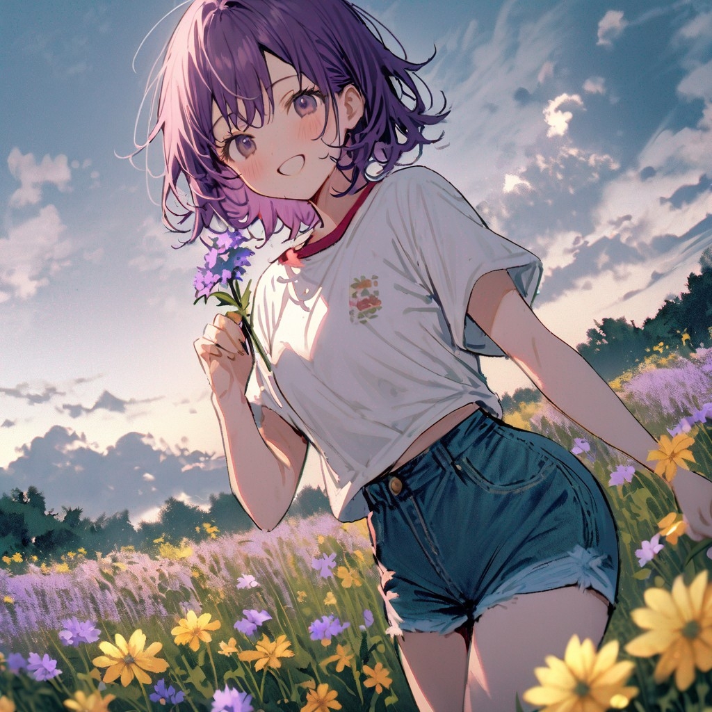 Example result. Prompt: 1girl, smiling, tshirt, jean shorts, purple curly hair, standing on a wildflower hill, bending over to pick a flower, flower in her…