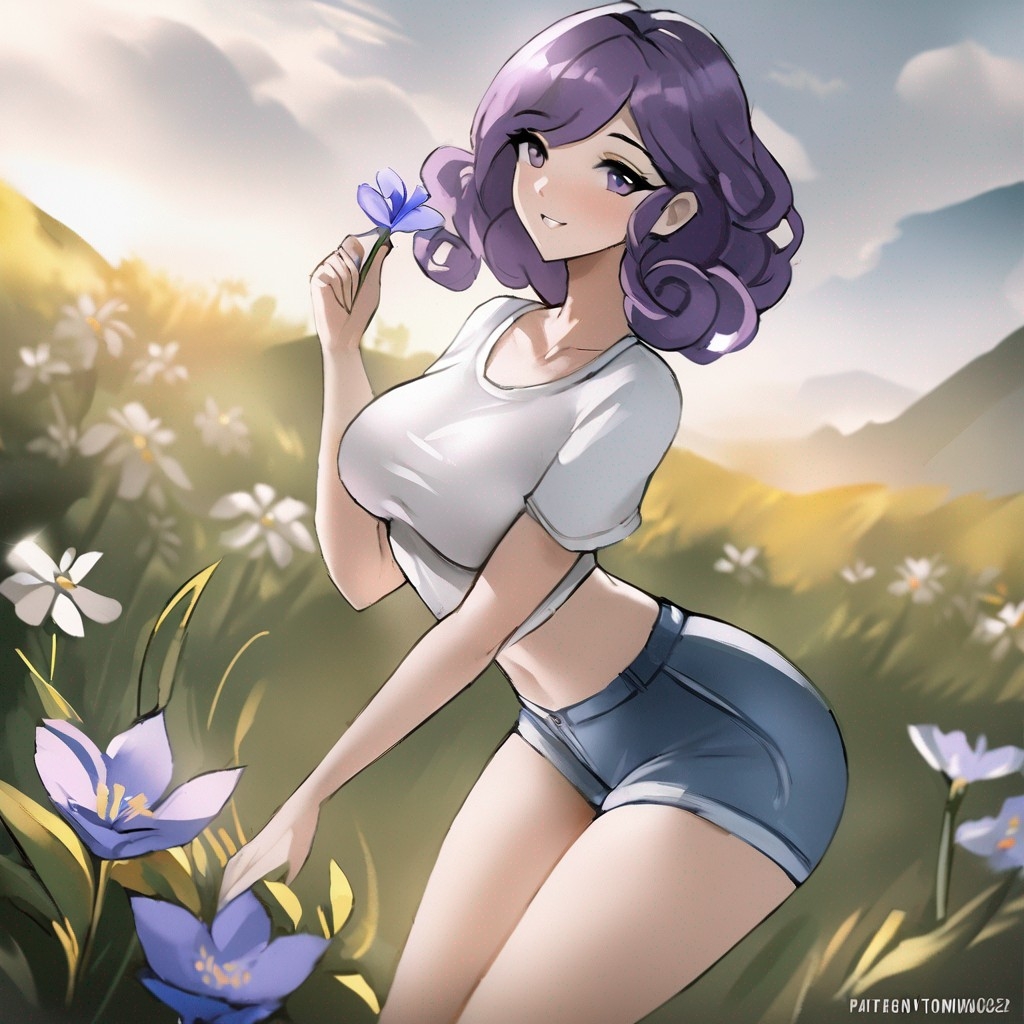Example result. Prompt: 1girl, smiling, tshirt, jean shorts, purple curly hair, standing on a wildflower hill, bending over to pick a flower, flower in her…