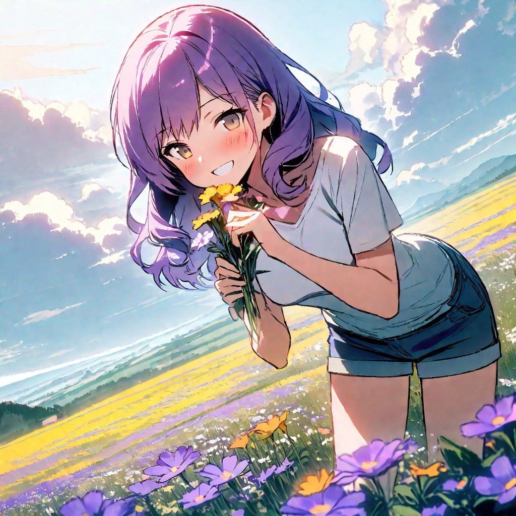 Example result. Prompt: 1girl, smiling, tshirt, jean shorts, purple curly hair, standing on a wildflower hill, bending over to pick a flower, flower in her…
