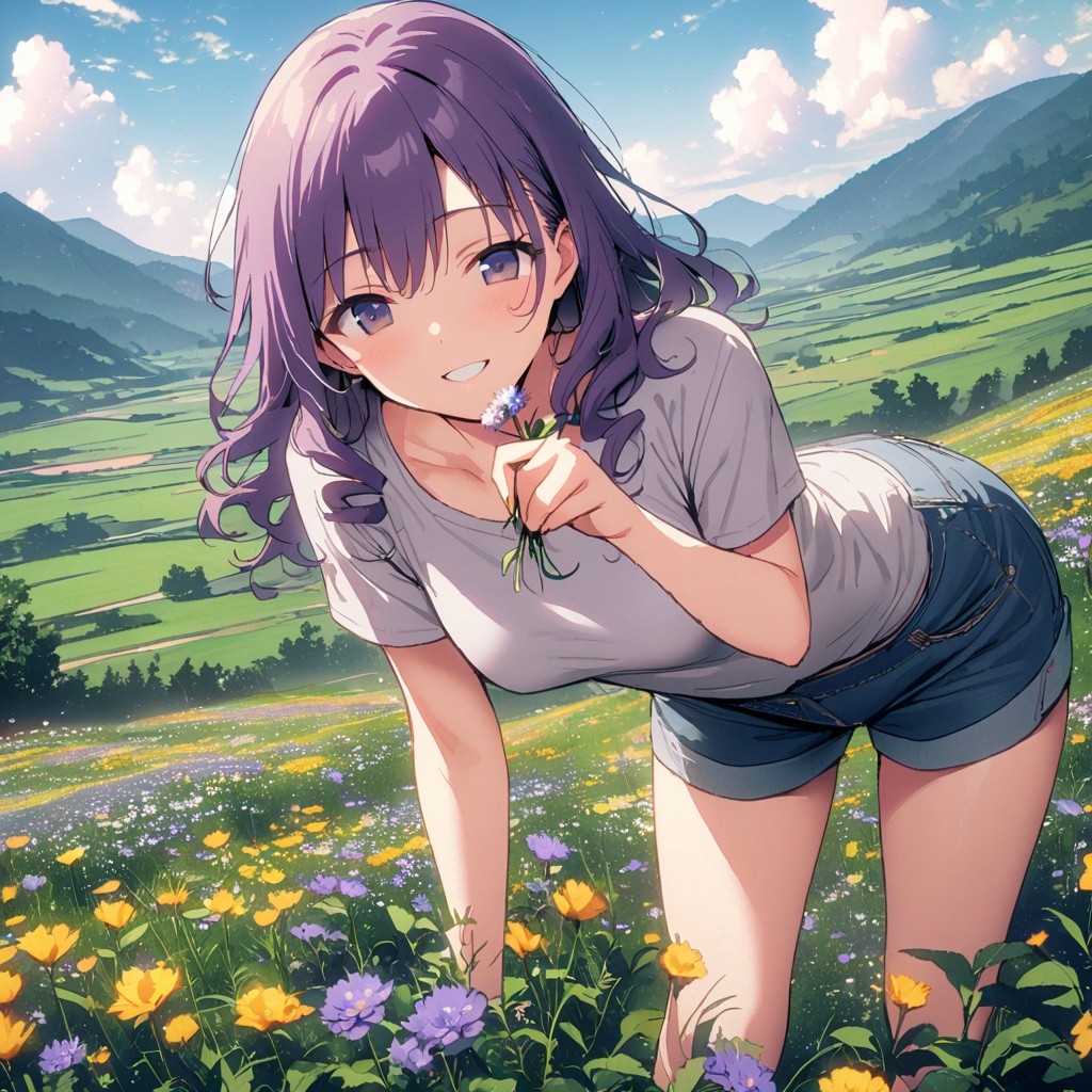 Example result. Prompt: 1girl, smiling, tshirt, jean shorts, purple curly hair, standing on a wildflower hill, bending over to pick a flower, flower in her…