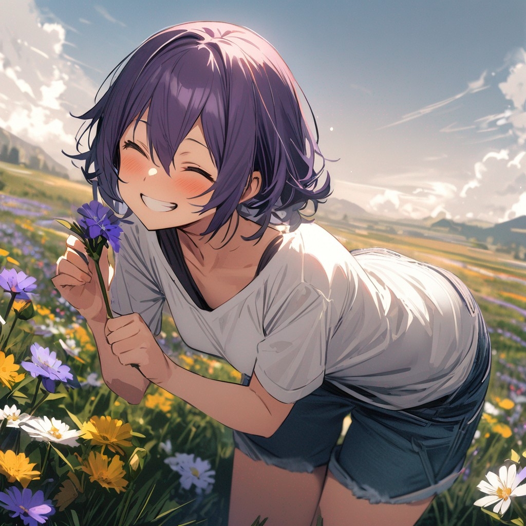Example result. Prompt: 1girl, smiling, tshirt, jean shorts, purple curly hair, standing on a wildflower hill, bending over to pick a flower, flower in her…