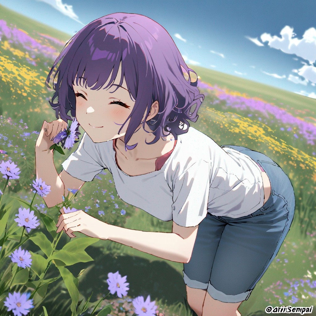 Example result. Prompt: 1girl, smiling, tshirt, jean shorts, purple curly hair, standing on a wildflower hill, bending over to pick a flower, flower in her…