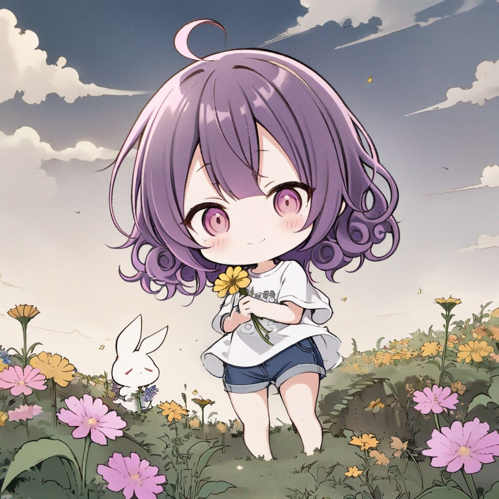 Example result. Prompt: 1girl, smiling, tshirt, jean shorts, purple curly hair, standing on a wildflower hill, bending over to pick a flower, flower in her…