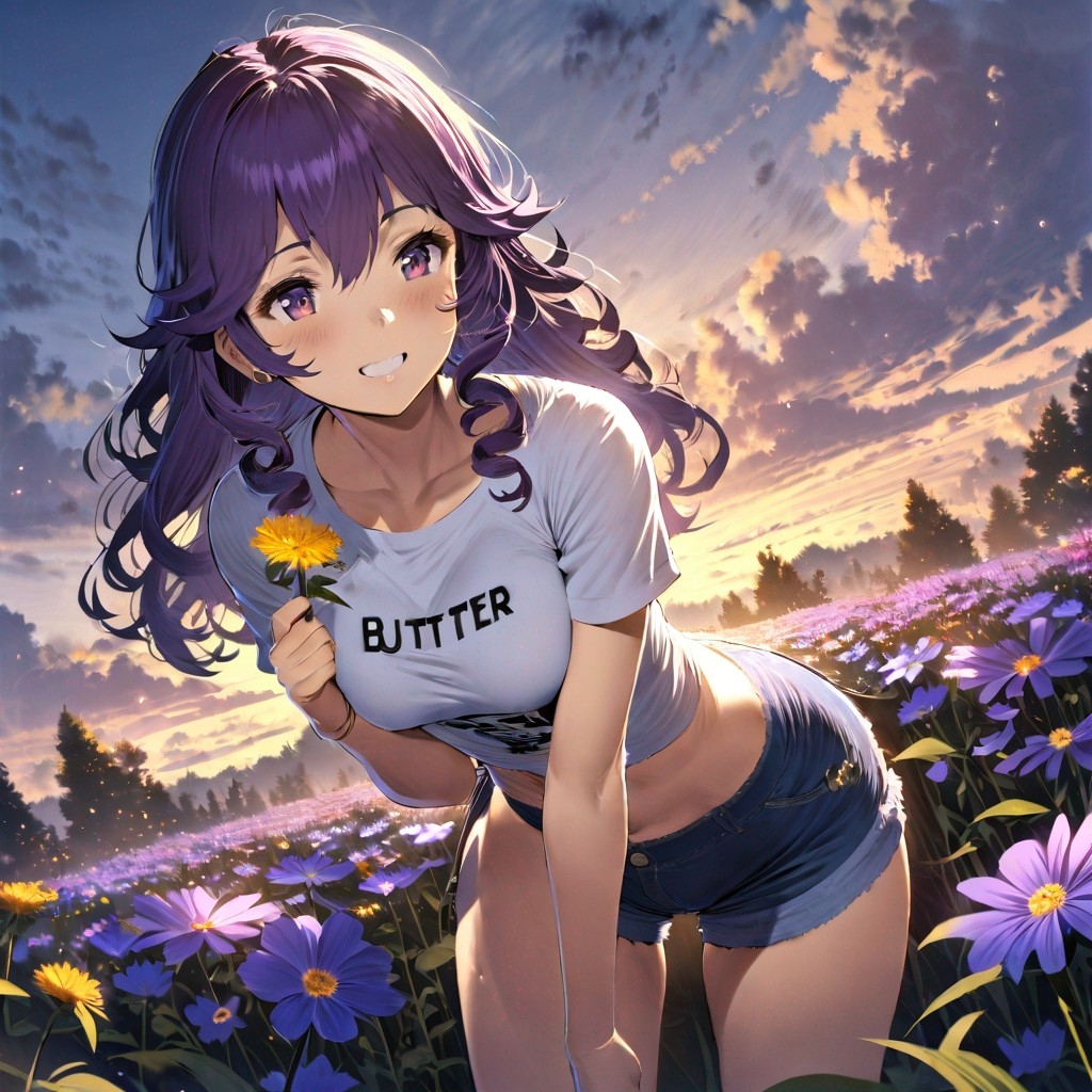 Example result. Prompt: 1girl, smiling, tshirt, jean shorts, purple curly hair, standing on a wildflower hill, bending over to pick a flower, flower in her…