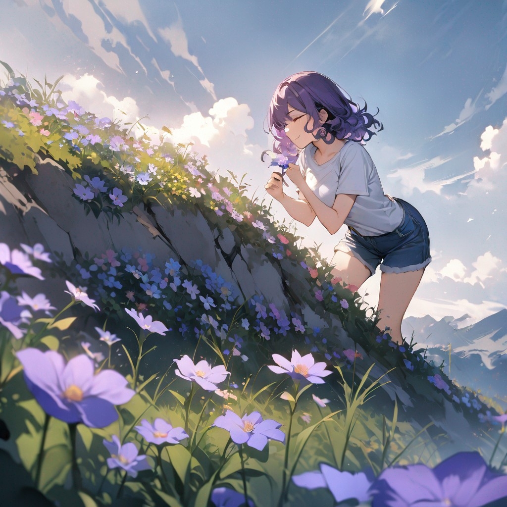 Example result. Prompt: 1girl, smiling, tshirt, jean shorts, purple curly hair, standing on a wildflower hill, bending over to pick a flower, flower in her…