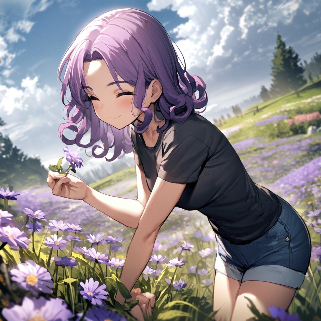 Example result. Prompt: 1girl, smiling, tshirt, jean shorts, purple curly hair, standing on a wildflower hill, bending over to pick a flower, flower in her…