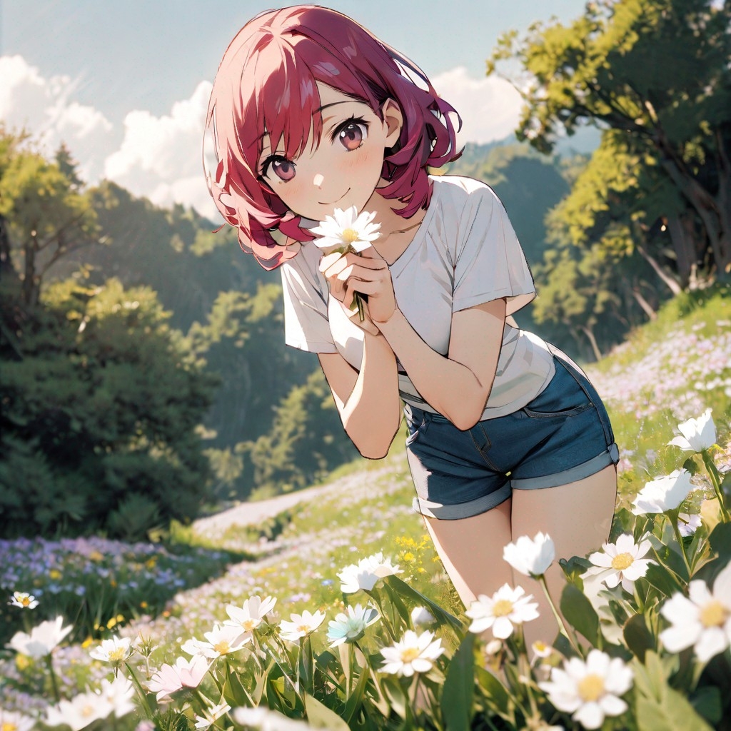 Example result. Prompt: 1girl, smiling, tshirt, jean shorts, purple curly hair, standing on a wildflower hill, bending over to pick a flower, flower in her…