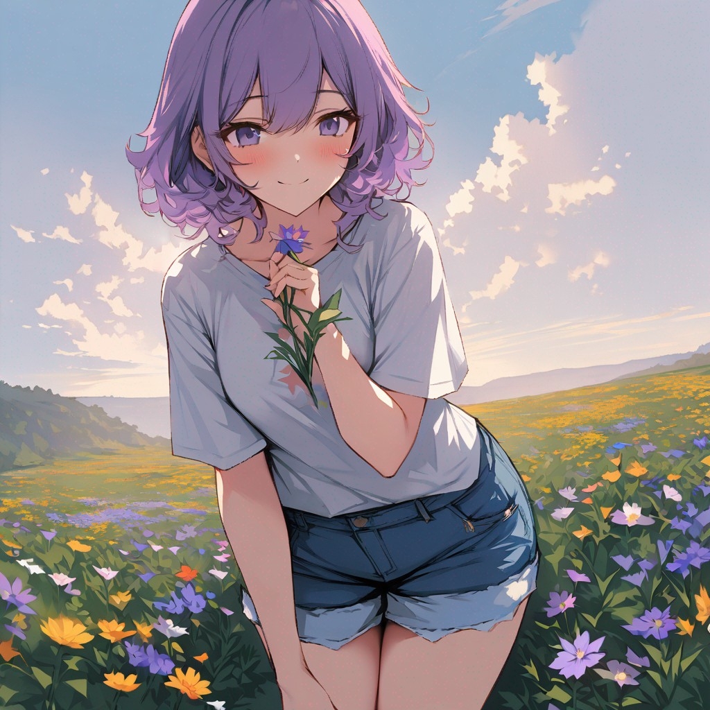 Example result. Prompt: 1girl, smiling, tshirt, jean shorts, purple curly hair, standing on a wildflower hill, bending over to pick a flower, flower in her…