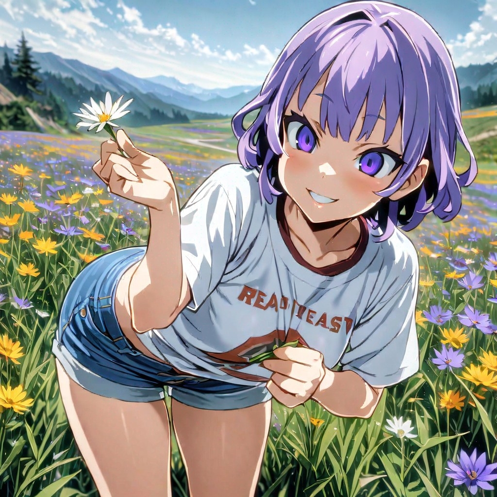 Example result. Prompt: 1girl, smiling, tshirt, jean shorts, purple curly hair, standing on a wildflower hill, bending over to pick a flower, flower in her…