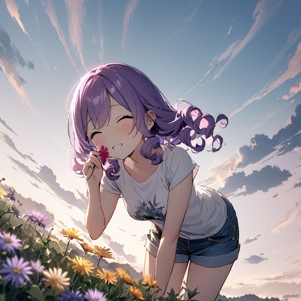 Example result. Prompt: 1girl, smiling, tshirt, jean shorts, purple curly hair, standing on a wildflower hill, bending over to pick a flower, flower in her…
