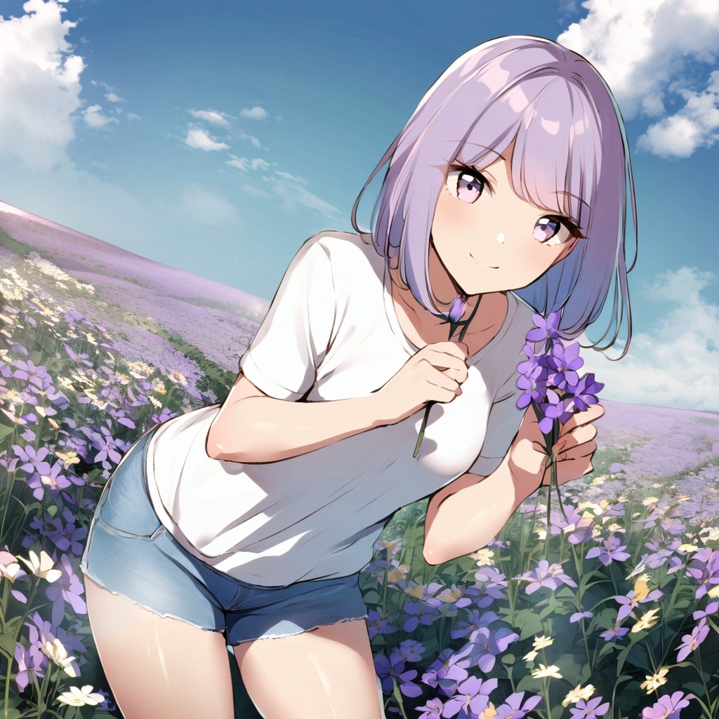 Example result. Prompt: 1girl, smiling, tshirt, jean shorts, purple curly hair, standing on a wildflower hill, bending over to pick a flower, flower in her…
