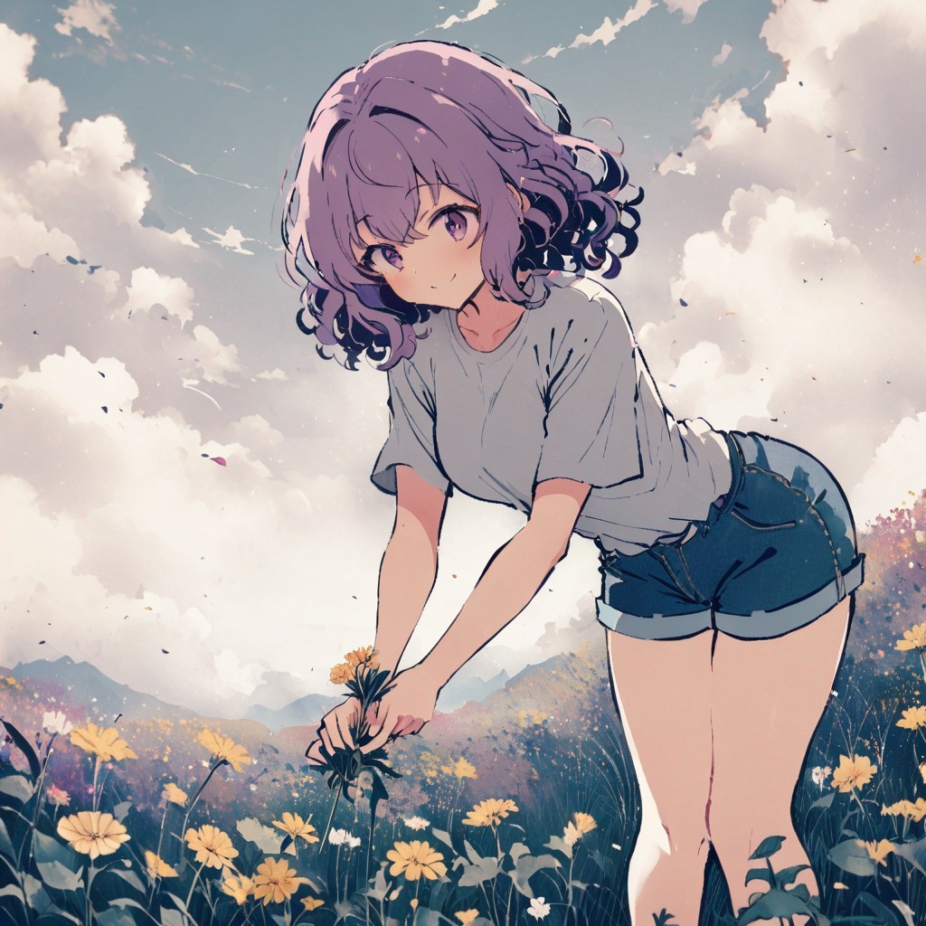 Example result. Prompt: 1girl, smiling, tshirt, jean shorts, purple curly hair, standing on a wildflower hill, bending over to pick a flower, flower in her…