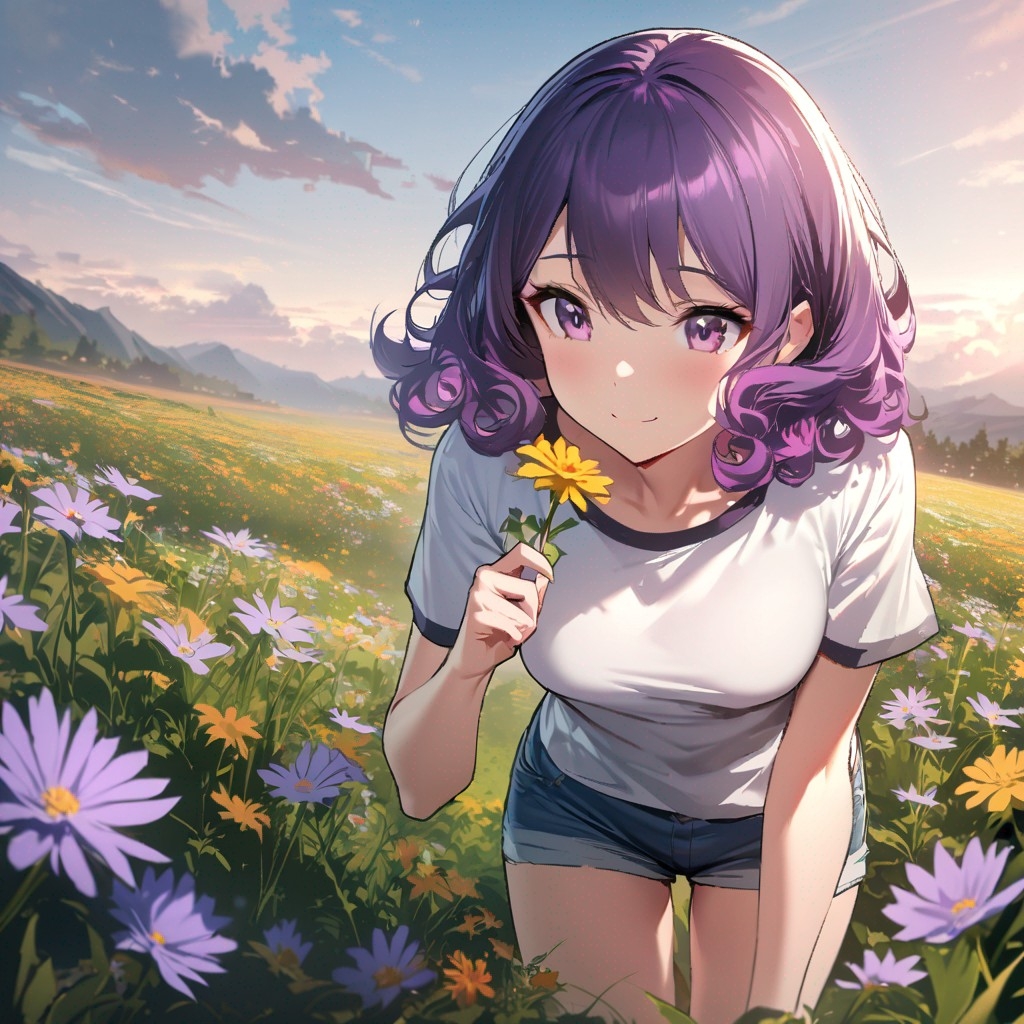 Example result. Prompt: 1girl, smiling, tshirt, jean shorts, purple curly hair, standing on a wildflower hill, bending over to pick a flower, flower in her…